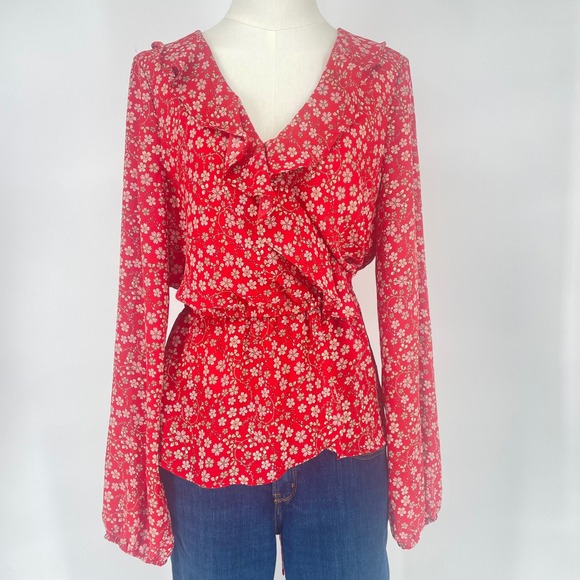 NWT Max Studio Ruffle V-Neck Wrap Blouse Women Size L Red Tie Back Long Sleeve - Picture 1 of 9